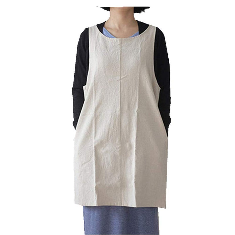 AOBBYBBS Soft Cotton Linen Apron Solid Color Halter Cross Bandage Aprons Japanese Style X Shape Double Pockets Kitchen Cooking Clothes Gift for Women Chef Housewarming -Beige - Image 1